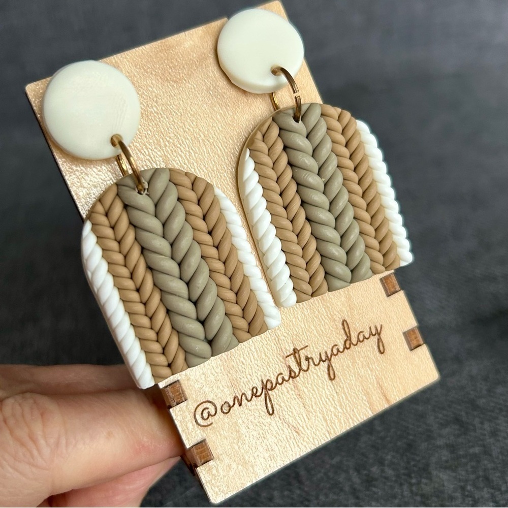 Fun, Cable Knit Sweater Pattern Clay Drop Dangle Earrings, White, Tan - Picture 8 of 16